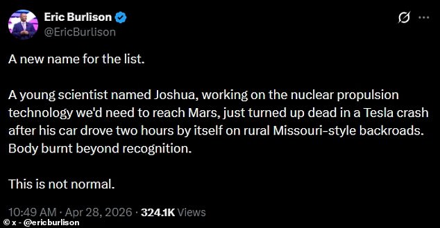 Congressman Eric Burlison has publicly stated that he believes the death of the NASA engineer appears 'not normal' and has called for a federal investigation