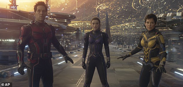 The actress, who starred with Paul Rudd (L) in the Ant-Man franchise, said the layoffs would only 'make executives rich' at the expense of artists; Rudd, Kathryn Newton and Lilly pictured in 2023's Ant-Man And The Wasp: Quantumania