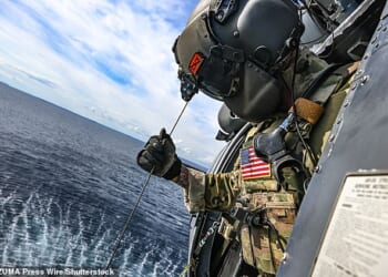 Some 100 miles inside Iran, a F-15E Strike Eagle was hit by a surface-to-air missile on Friday. Tehran would later boast that a new air defence system was used to bring the jet down. Pictured: File photo of a US Air Force training exercise