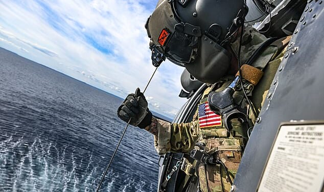 Some 100 miles inside Iran, a F-15E Strike Eagle was hit by a surface-to-air missile on Friday. Tehran would later boast that a new air defence system was used to bring the jet down. Pictured: File photo of a US Air Force training exercise