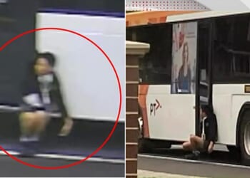 Footage has emerged of the terrifying moment a young boy became trapped in the doors of a school bus before being dragged down the road in Melbourne .