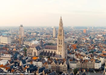 A court in Antwerp found a man guilty of of drugging and raping three of his ex-partners. Pictured: Genberal view of the city of Antwerp