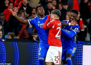 Benfica's Gianluca Prestianni (middle) has been suspended for six games for a homophobic comment towards Real Madrid star Vinicius Junior in February