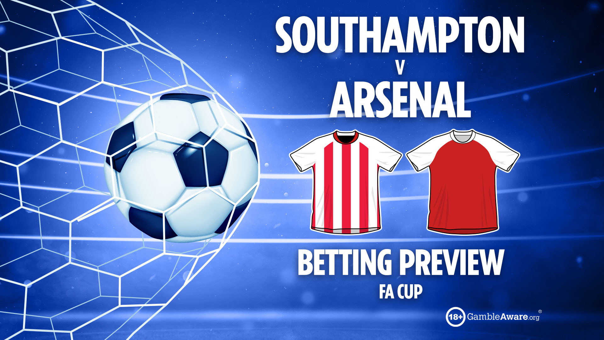 Illustration for a betting preview of the Southampton vs. Arsenal FA Cup match, featuring a soccer ball in a net and jerseys for both teams.