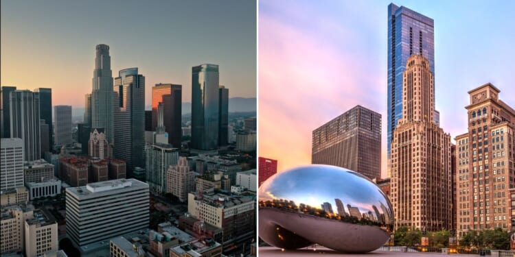 Views of downtown Los Angeles and downtown Chicago.