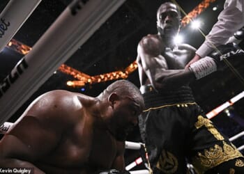 Deontay Wilder sends Derek Chisora to the floor - after telling him 'I'm sorry, I love you'