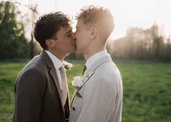 Bradley Riches is married! Emmerdale star and artist fiancé Scott Johnson share a sweet kiss as they tie the knot before dancing the night away surrounded by famous friends