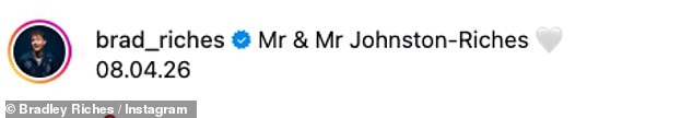 Emmerdale star Bradley Riches (L) tied the knot with artist fiancé Scott Johnson (R) in an intimate ceremony in Maidenhead on Wednesday (Pictured last year)