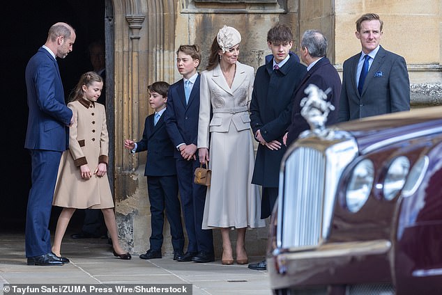James Mountbatten-Windsor (pictured next to the Waleses), 18, was handed a more prominent role at the Royal Family's traditional Easter service, beaming alongside the Prince and Princess of Wales during his rare outing