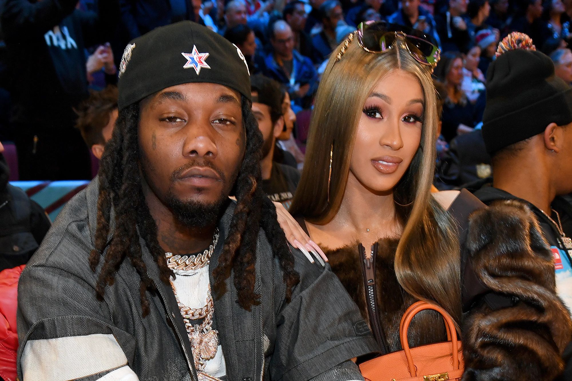 An image collage containing 1 images, Image 1 shows Offset and Cardi B attend 2020 State Farm All-Star Saturday Night