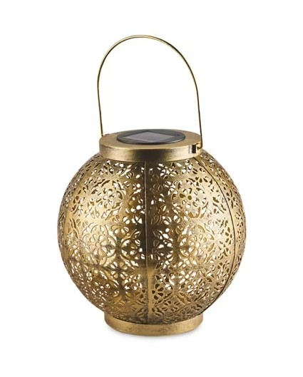 Gold-colored, spherical solar-powered lantern with intricate cut-out patterns.