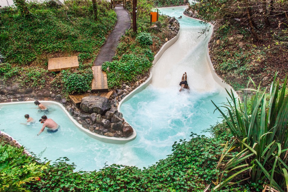 The outdoor swimming pool rapids slide at Center Parcs, Longleat, Wiltshire, England, United Kingdom.