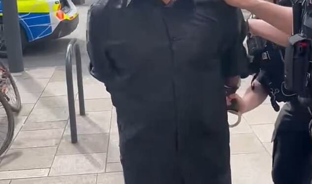 Three Hertfordshire Police officers put Steve Maile in handcuffs in Watford and arrest him