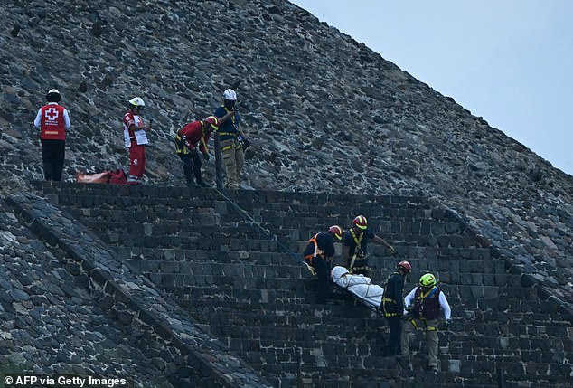 Pictured: Police officers and forensic experts work in the area where a shooting attack was reported on at the Teotihuacan archaeological zone, in Teotihuacan, Mexico, 20 April 2026