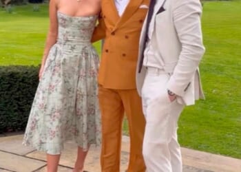 Conor Maynard has tied the knot with his fiancée Kitty Bertrand over the weekend in a romantic ceremony surrounded by their loved ones (pictured centre)