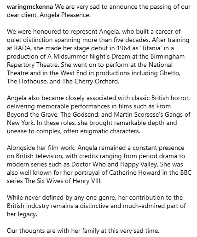 Angela's agency paid tribute to the late star in a statement that noted her career highlights