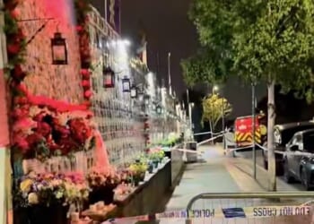 Detectives are probing an attempt to set fire to a memorial wall dedicated to the fallen victims of the Iranian regime, in Golders Green, last night. It has been sealed off (pictured last night)