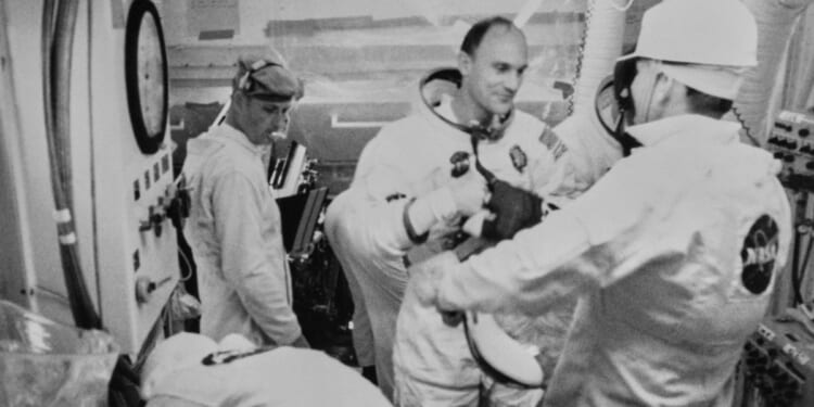 American astronaut Ken Mattingly of Apollo 13 enters the white room following the countdown test ahead of the Apollo 13 mission at Kennedy Space Center on Merritt Island, Florida, on March 26, 1970.