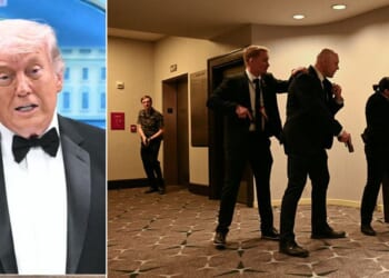 Secret Service agents draw their guns, right, after shots were heard during Saturday's White House Correspondents' dinner at the Washington Hilton in Washington, D.C. President Donald Trump, left, said Saturday's incident is a perfect illustration as to why a White House ballroom is needed.
