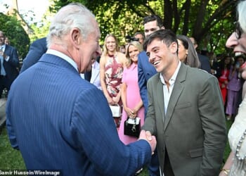 Tom Daley was seen without a tie as he met King Charles at a garden party in Washington DC