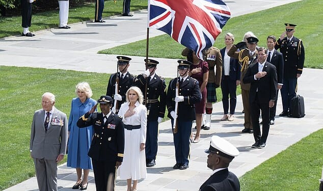 Diplomatic gaffe threatens red (white and blue) faces all round during King and Queen's visit to Virginia's Arlington National Cemetery... but can you spot what's wrong?