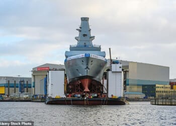 HMS Glasgow under construction at the Govan shipyard, in Glasgow. The new Type 26 frigate is not due to come into service until at least 2028