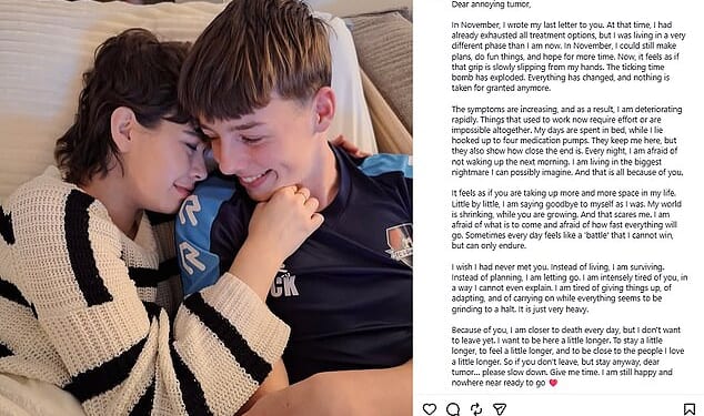 Alongside a photo of her cuddling a loved one, Jade Kops begged the tumour in her throat to stop - as it 'pulls' her 'a day closer to death'