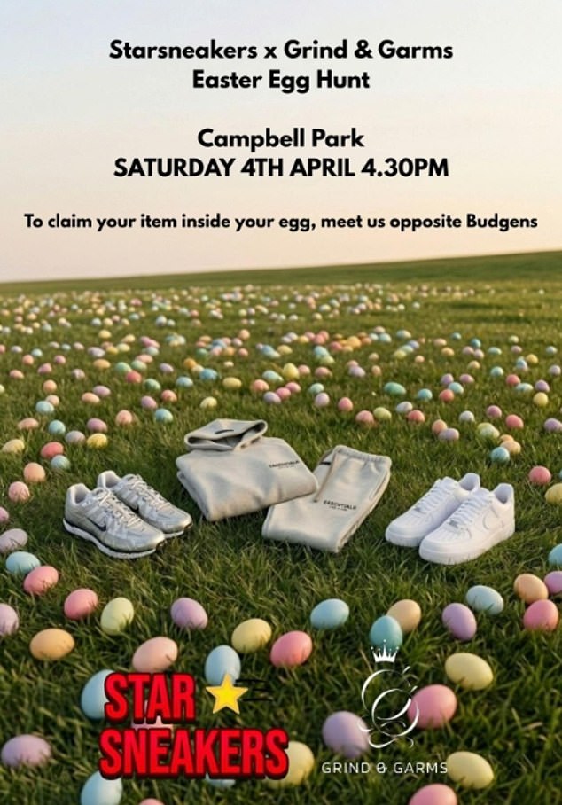 Trainer reseller Stars Sneakers and luxury clothing retailer Grind & Garms used their social media pages to advertise their joint Easter Egg hunt, inviting their thousands of followers to meet outside Budgens in Milton Keynes yesterday at 4.30pm