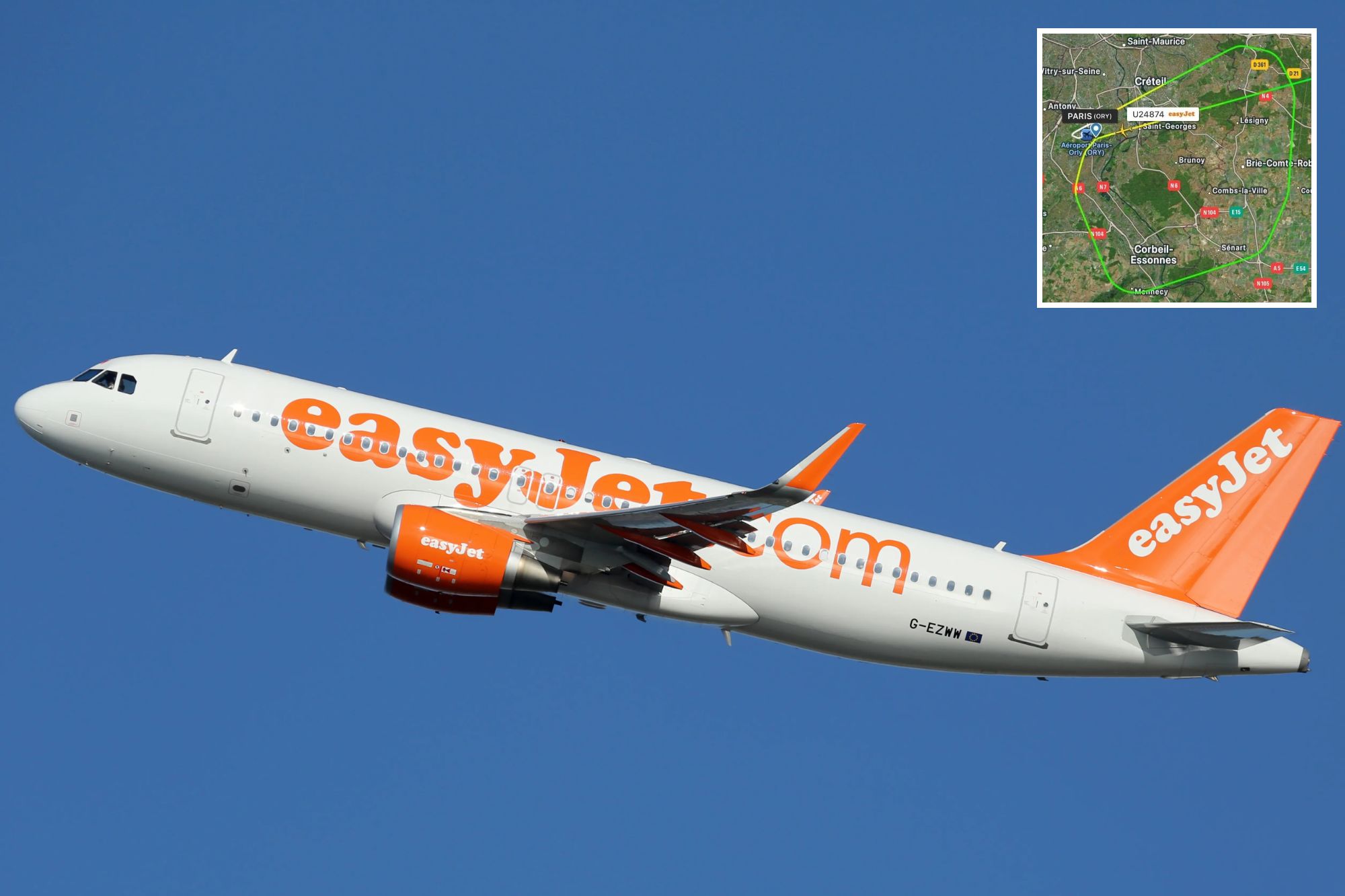 An image collage containing 2 images, Image 1 shows EasyJet Airbus A320 taking off from Barcelona Airport, Image 2 shows Flightradar24 map showing an easyJet flight, U24874, departing Paris-Orly (ORY) airport, making a wide U-turn back towards the airport