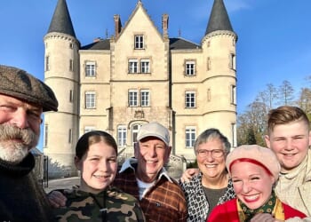 The Strawbridge's shared a rare family photo on Instagram on Thursday as they kicked off the Easter Bank Holiday weekend, four years after quitting their show Escape To The Chateau (Dick and Angel pictured with children, Arthur, 12, and Dorothy, 11, and Angel's parents, Stephen and Jenny)