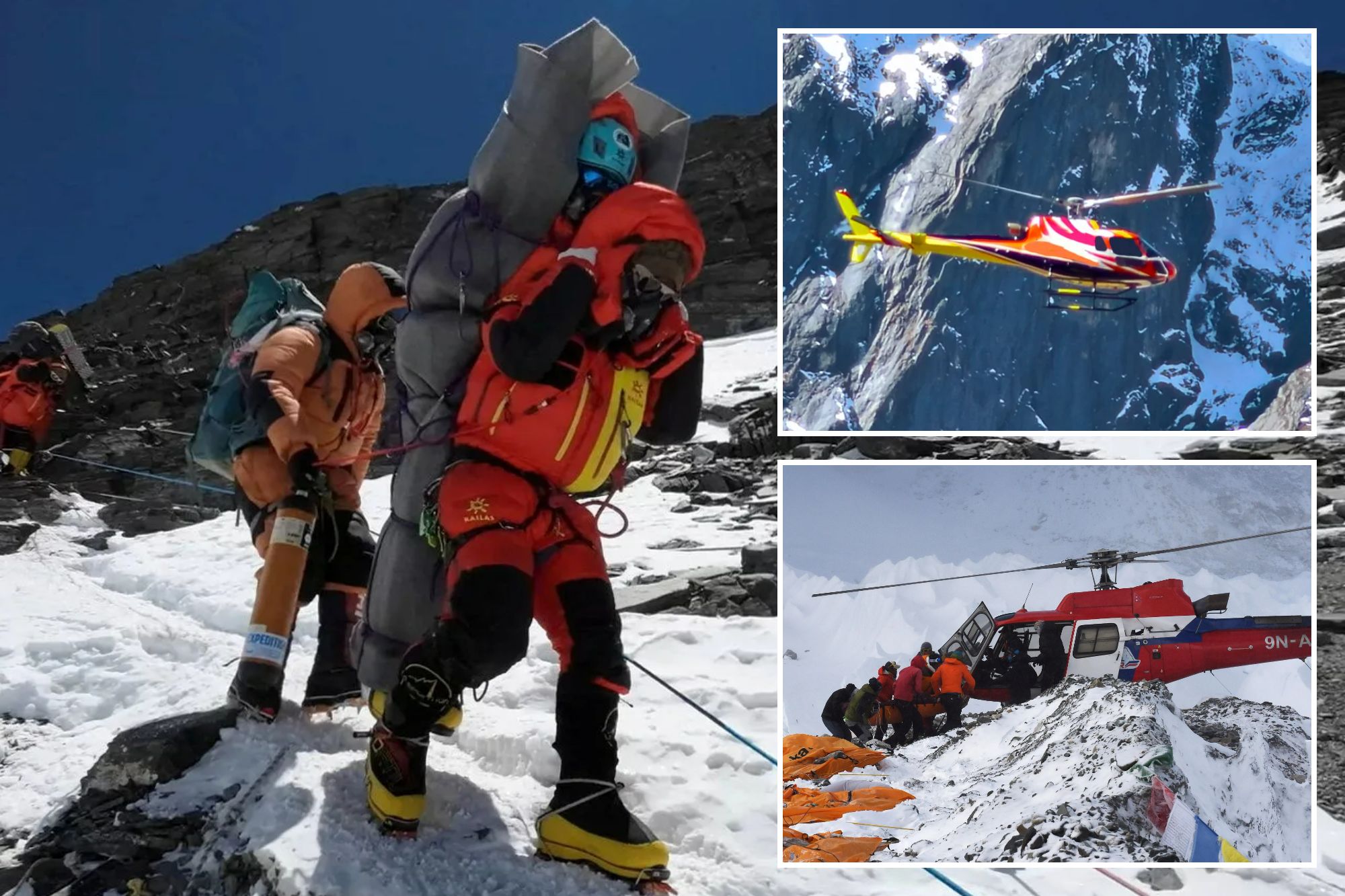 An image collage containing 3 images, Image 1 shows A sherpa carries a climber on his back through the Everest "death zone.", Image 2 shows A helicopter flying between snow-covered Himalayan mountain peaks in Nepal, Image 3 shows An injured person being loaded onto a rescue helicopter in Everest Base Camp