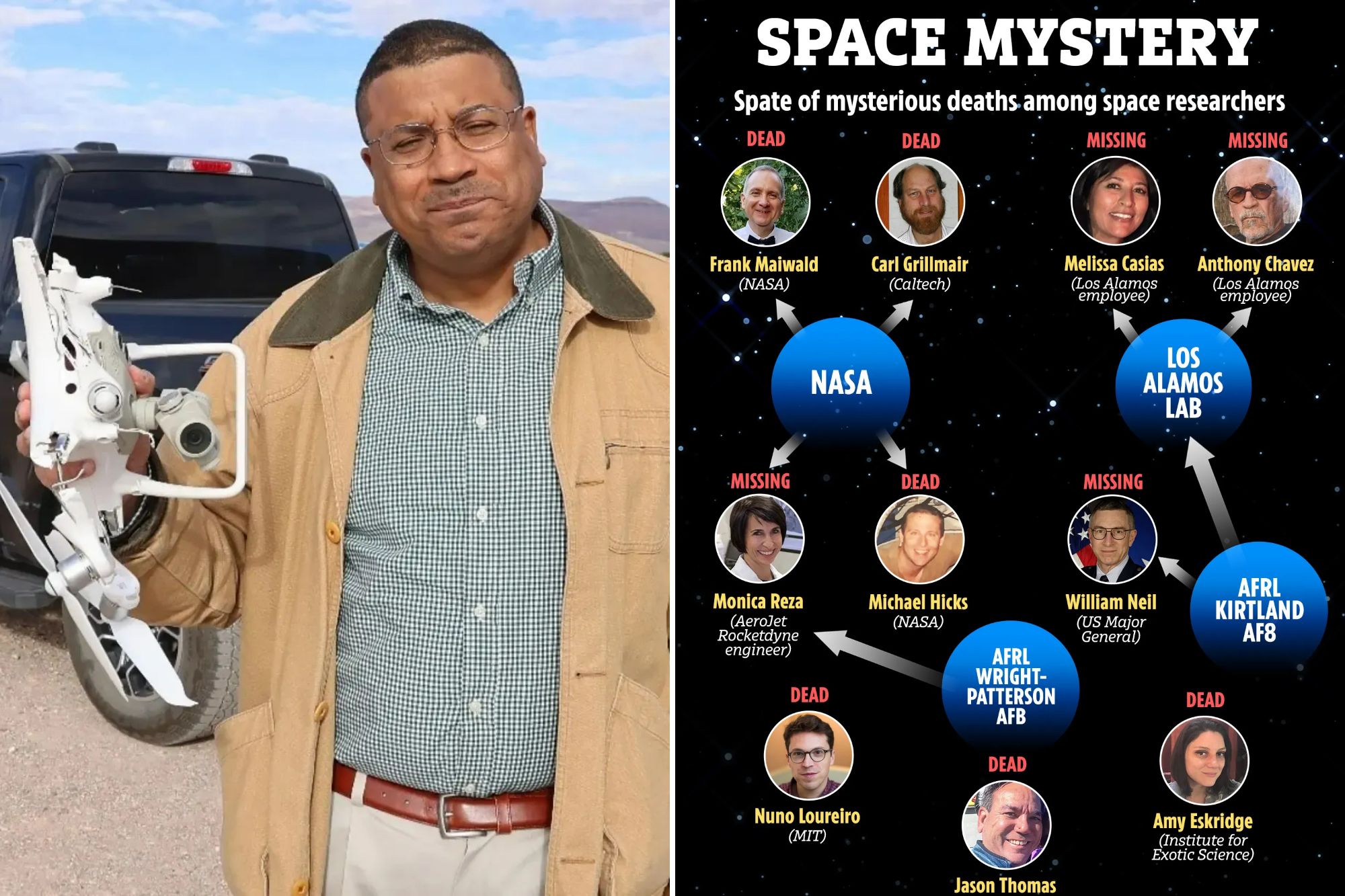 An image collage containing 2 images, Image 1 shows NINTCHDBPICT001074537745, Image 2 shows Illustration of a "Space Mystery" graphic showing a spate of mysterious deaths and disappearances among space researchers associated with NASA, Los Alamos Lab, AFRL Kirtland AF8, and AFRL Wright-Patterson AFB