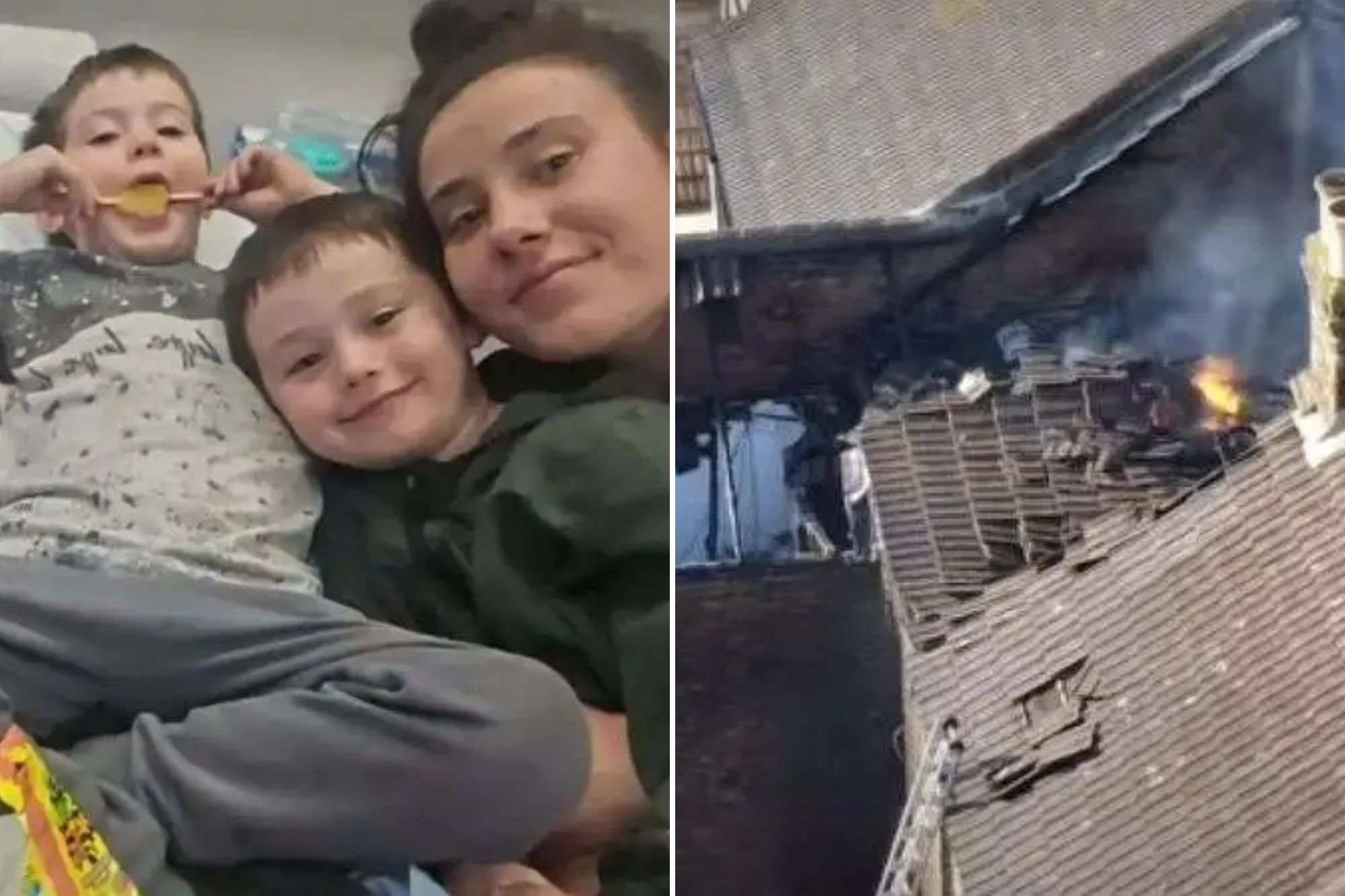 An image collage containing 2 images, Image 1 shows A family portrait of two parents and their two young sons on a hospital bed, Image 2 shows A residential house on fire with flames visible on the roof and smoke rising