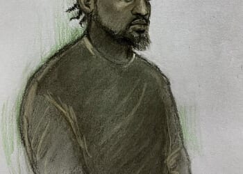 A court sketch of Oluwadamilola Ogunyankinnu as he appeared at Stratford Magistrates' Court on April 13