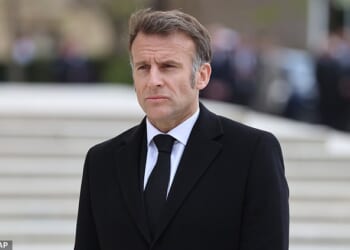The passage of the ship came just a day after the French President Emmanuel Macron (pictured) told his US counterpart Donald Trump he needed to get 'serious' about opening up the Strait and told him: 'Perhaps you shouldn't talk every day'