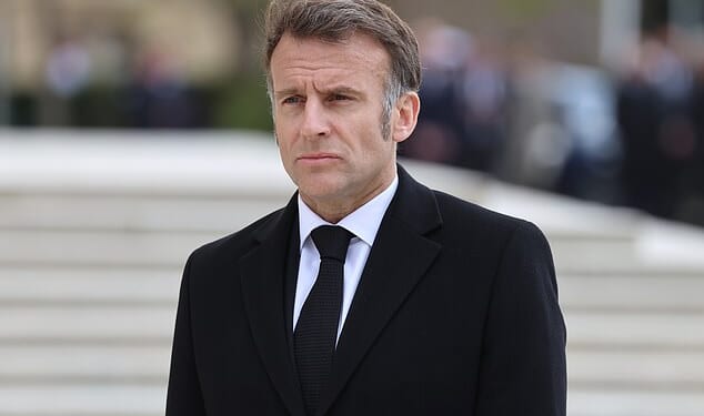The passage of the ship came just a day after the French President Emmanuel Macron (pictured) told his US counterpart Donald Trump he needed to get 'serious' about opening up the Strait and told him: 'Perhaps you shouldn't talk every day'