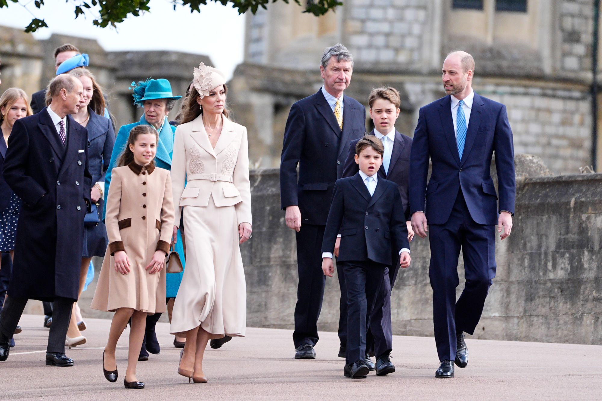 An image collage containing 1 images, Image 1 shows The Prince and Princess of Wales with their children and other royal family members attending an Easter service