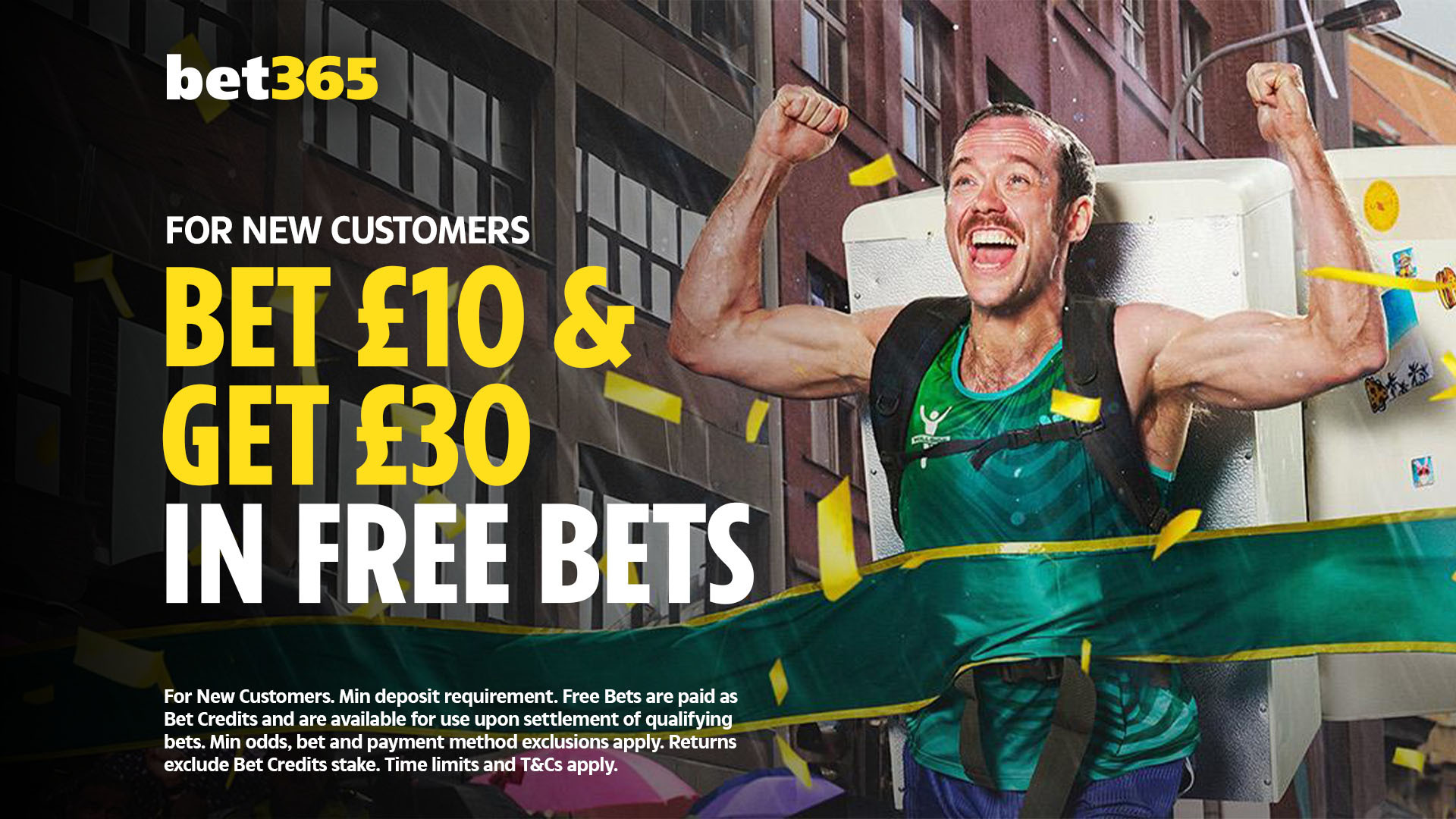 Bet365 advertisement for new customers to bet £10 and get £30 in free bets, featuring a happy man with confetti.