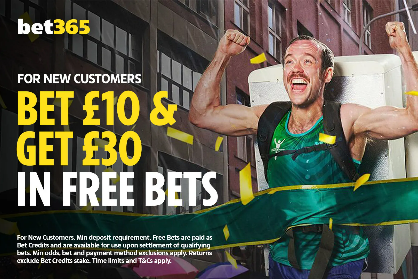 A man in sports gear celebrates with confetti, advertising a Bet365 offer of "Bet £10 & Get £30 in Free Bets" for new customers.