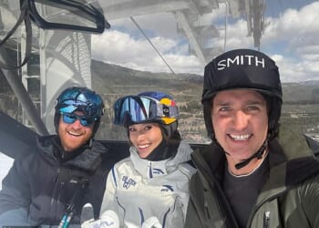 Prince Harry was all smiles as he posed for a ski lift selfie alongside Winter Olympics champion Eileen Gu and former Canadian prime minister Justin Trudeau during a star-studded trip to the slopes