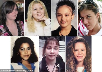 The victims clockwise from left: Maureen Brainard-Barnes, Megan Waterman, Melissa Barthelemy, Amber Costello, Valerie Mack, Jessica Taylor and Sandra Costilla