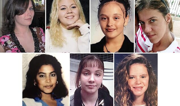 The victims clockwise from left: Maureen Brainard-Barnes, Megan Waterman, Melissa Barthelemy, Amber Costello, Valerie Mack, Jessica Taylor and Sandra Costilla