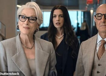 Pictured left to right: Meryl Streep, Anne Hathaway, and Stanley Tucci starring in the new Devil Wears Prada