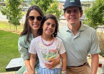 Nine-year-old Lila Bonner - pictured with parents Blake and Caitlin Bonner – was among 27 girls who died in the Camp Mystic floods in Hunt, Texas, last July