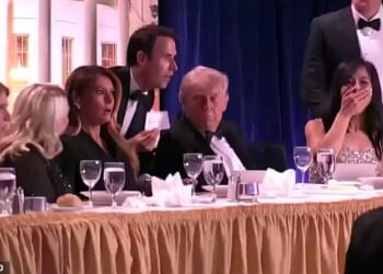 President Donald Trump (center), First Lady Melania Trump (center left) and White House press secretary Karoline Leavitt (second from left) were being entertained by Oz Pearlman when shots were heard outside the Washington Hilton ballroom Saturday night