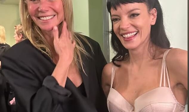 Gwyneth Paltrow (L) took to Instagram with backstage snaps from unlikely pal Lily Allen's  (R) second successful tour show at Orpheum Theatre in Los Angeles on Sunday