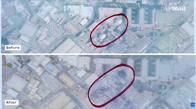 Before and after satellite imagary shows the destruction of two radar domes at the US's Fifth Fleet headquarters in Bahrain