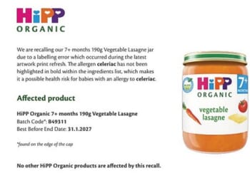 HiPP¿s 7+ Months Vegetable Lasagne jars have been pulled after celeriac (celery) was not properly emphasised on the packaging