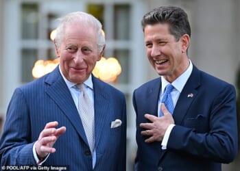 Christian Turner, Britain's ambassador to the US, pictured with King Charles this week as they attend a garden party in Washington DC
