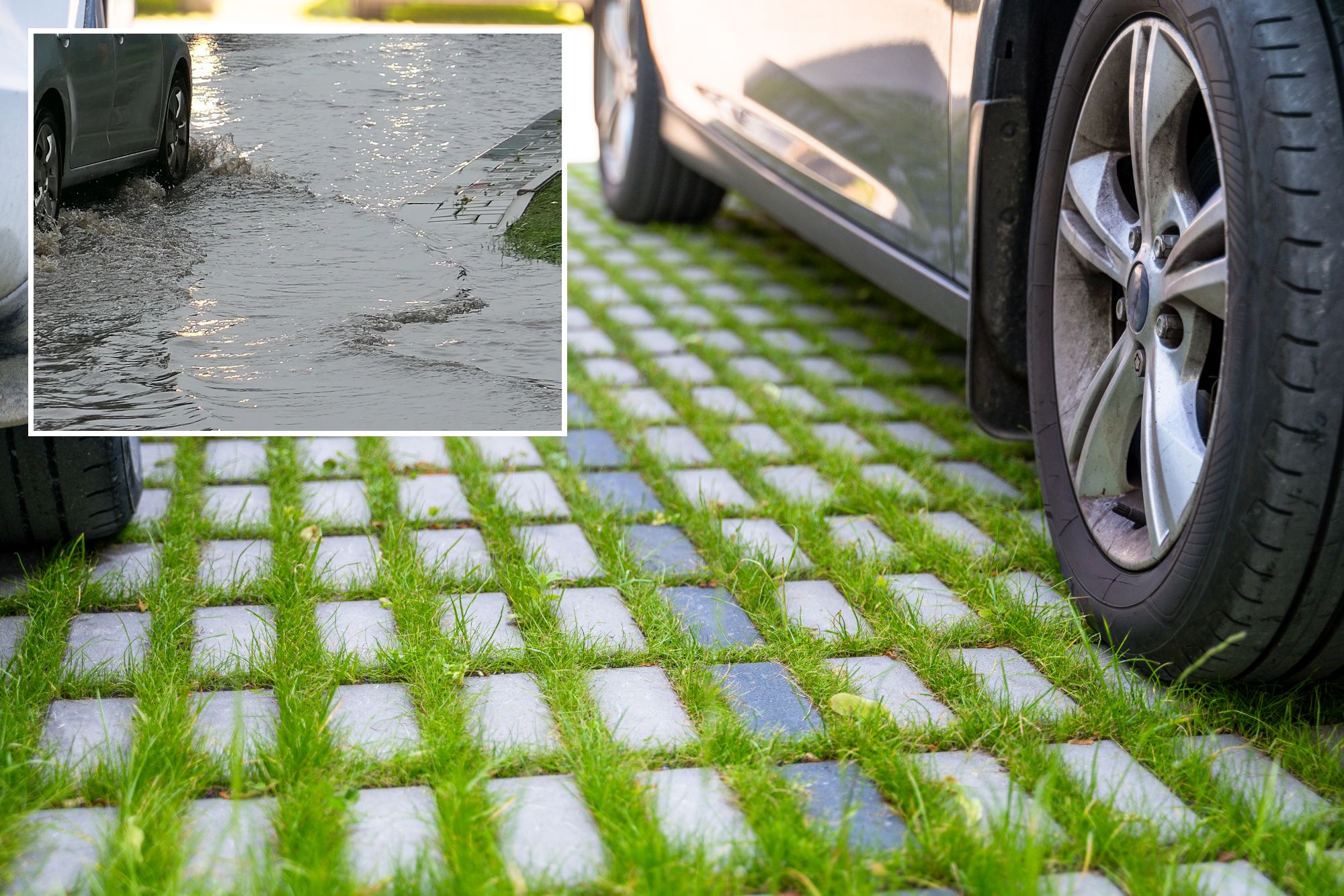 An image collage containing 2 images, Image 1 shows Ground-level view of a permeable parking space with grass growing between gray paver tiles, with parts of two cars visible, Image 2 shows A silver car drives through a flooded urban street, splashing water